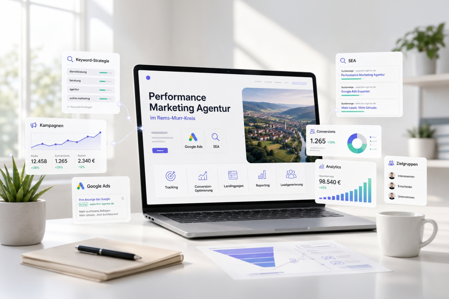 Performance Marketing – KI-Visual KI-generiertes Motiv zur Darstellung unserer Leistungen im Performance Marketing.
